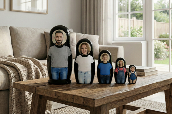 Set of family-themed decorative figurines on a wooden table in a living room.