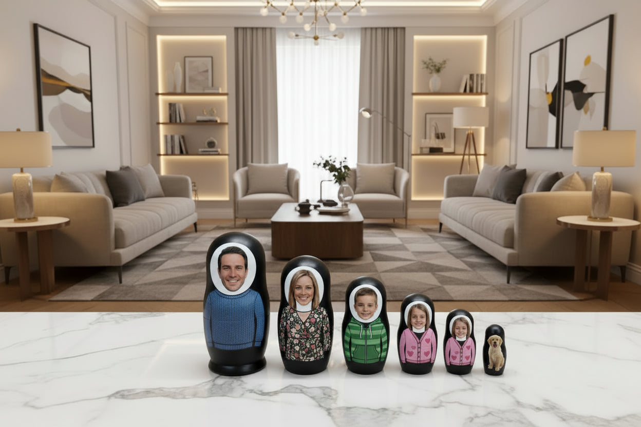Set of nesting dolls with personalized faces in a living room setting