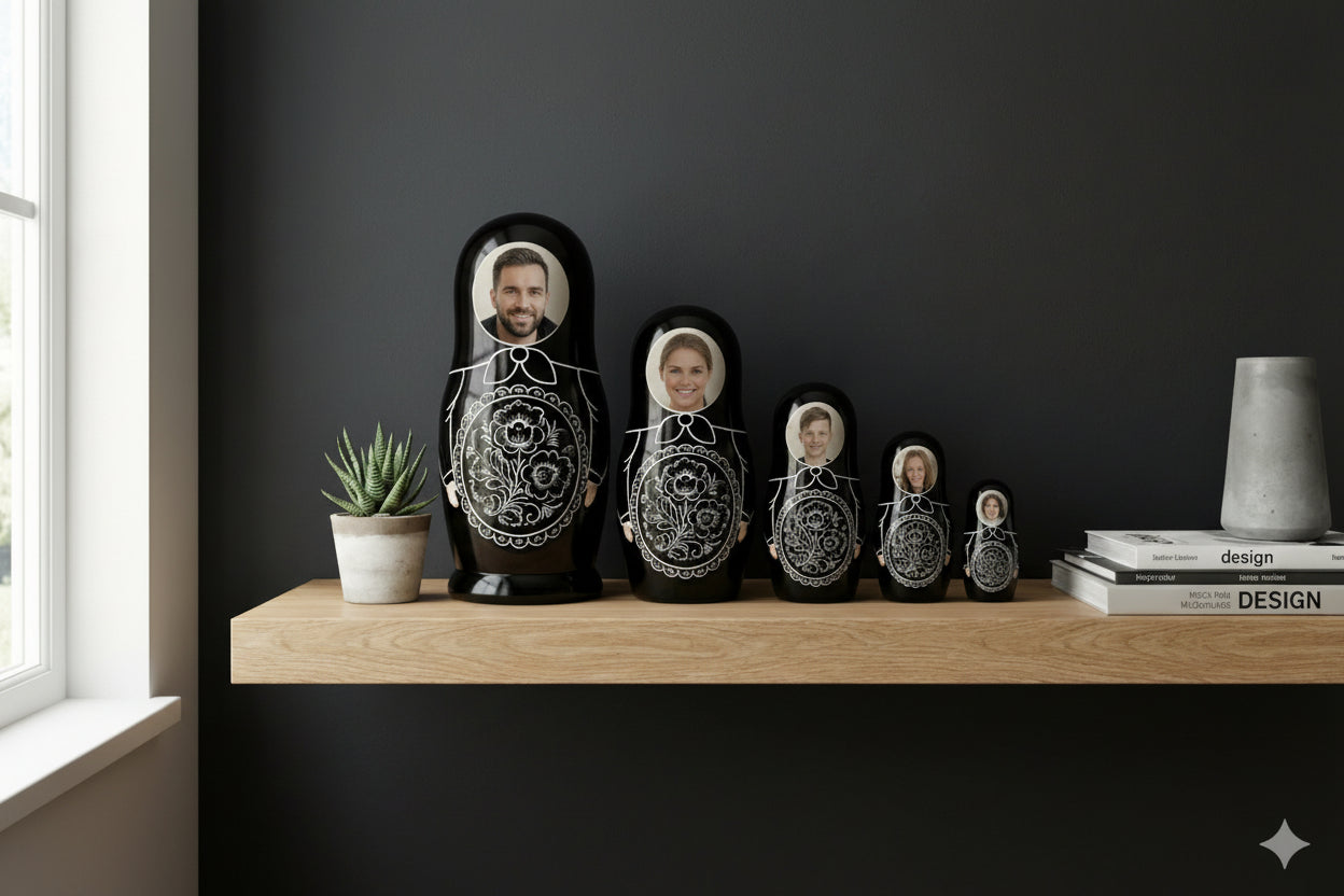 Set of black nesting dolls with white designs on a wooden shelf against a dark wall.